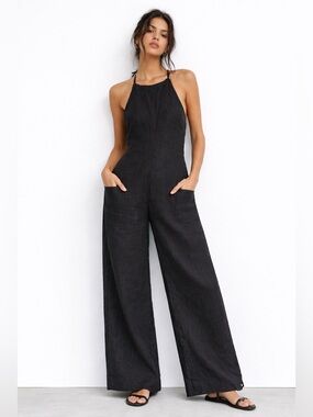 Braids & Beyond Black Linen Jumpsuit Estimated S M Minimalist Resort
